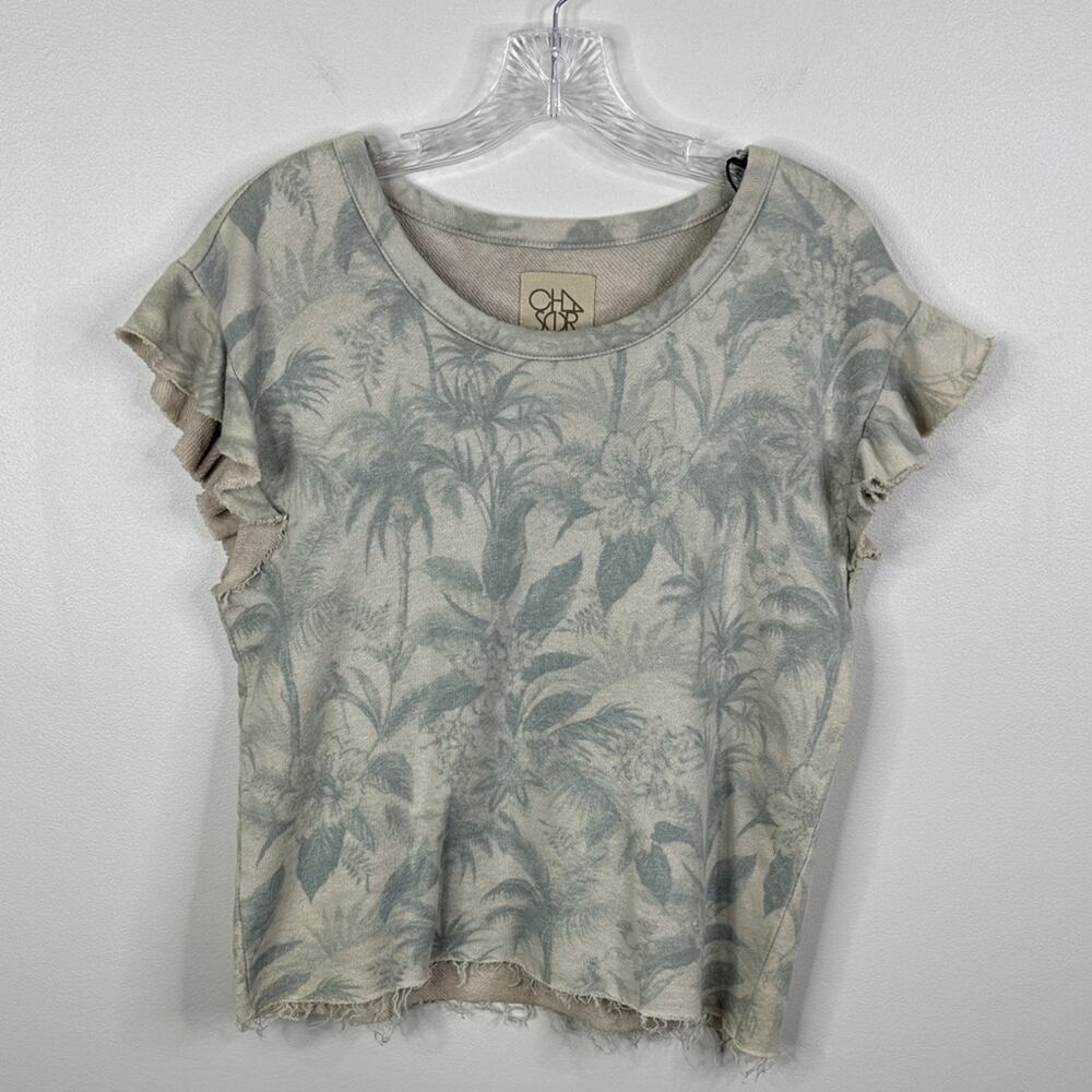 Chaser Women's Small Palm Tree Flutter Sleeve Raw Edge Sweatshirt Top Grey